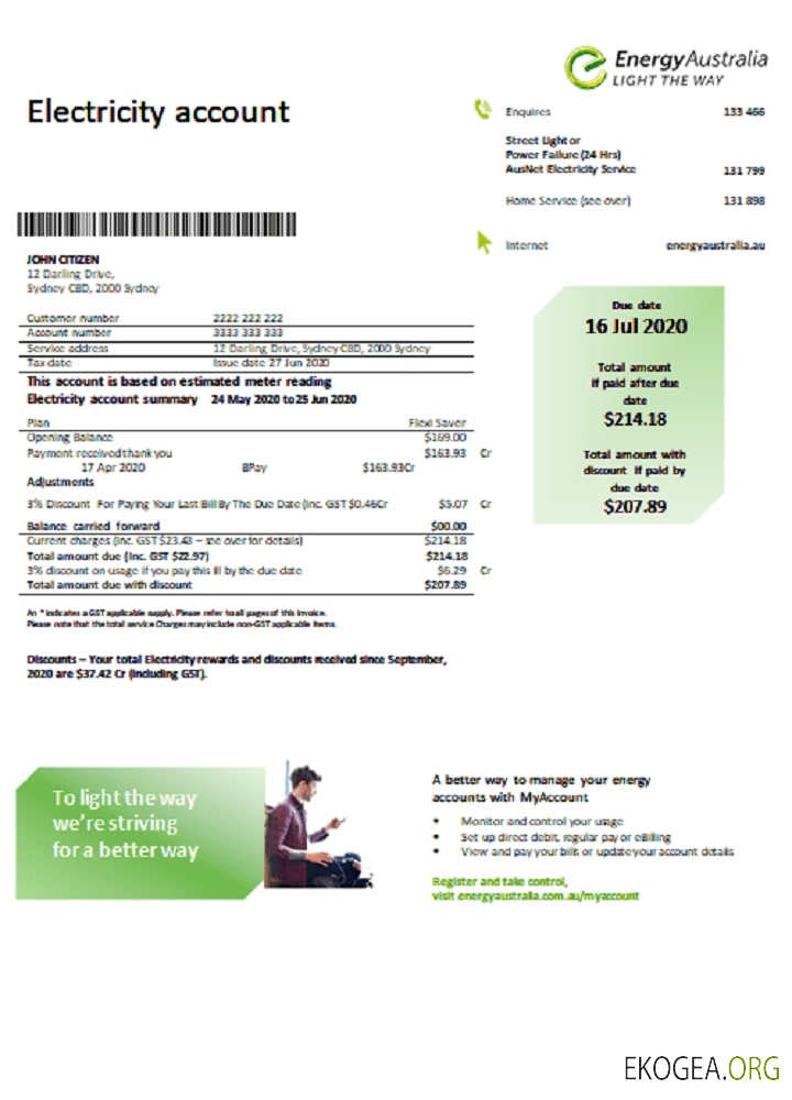 Australia Energy australia electricity utility bill template in word and pdf format template